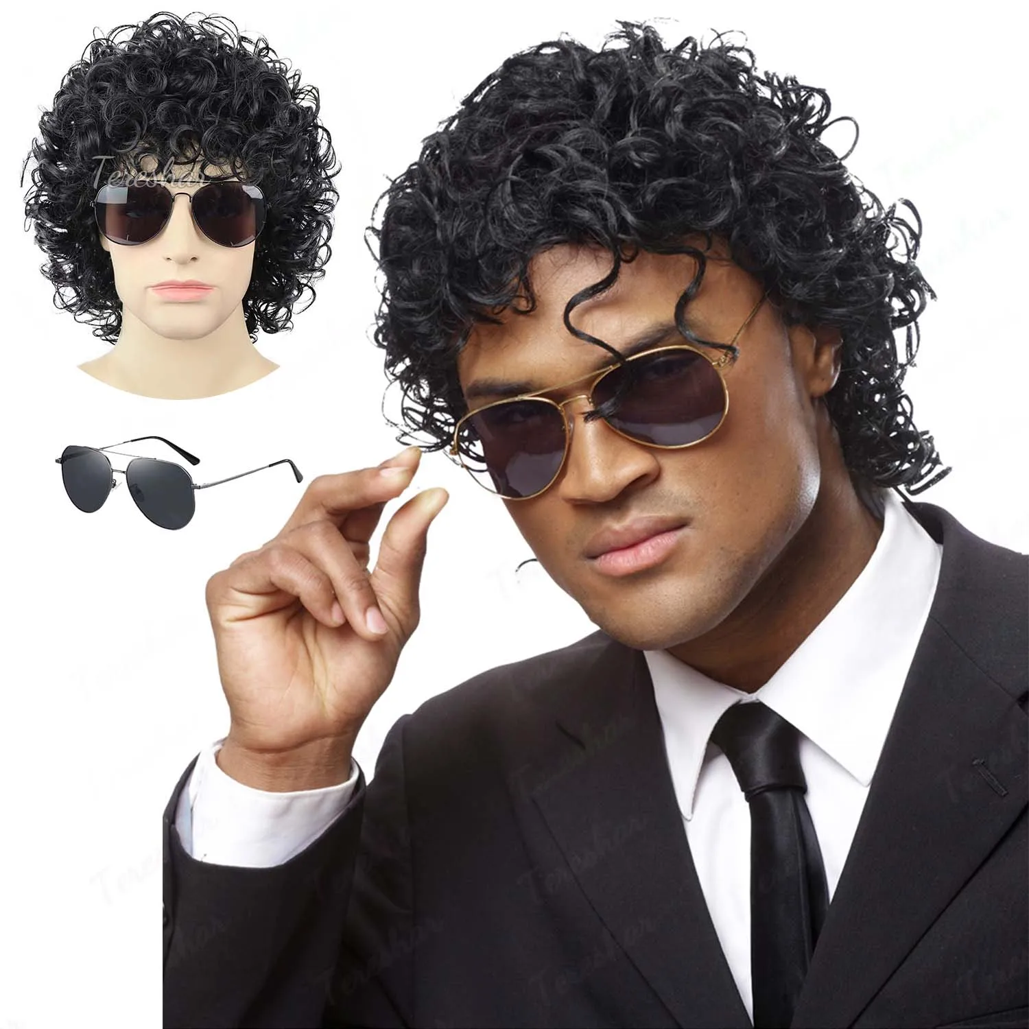 Peluca sintética negra corta y rizada para hombre, estilo rockero, con gafas, peluca con aspecto mojado para chicos, peluca mullet de los años 70, peluca para disfraz de Michael Jackson