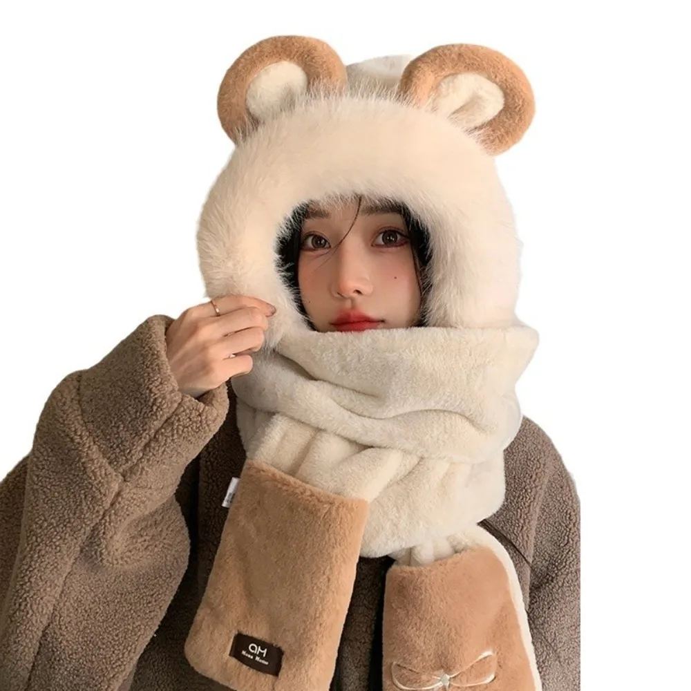 

Новая утолщенная шапка, шарф, перчатки, комплект, милая шапка с кроличьими ушками, рог баран, защитная шапка для ушей, зимняя теплая шапка, уличная