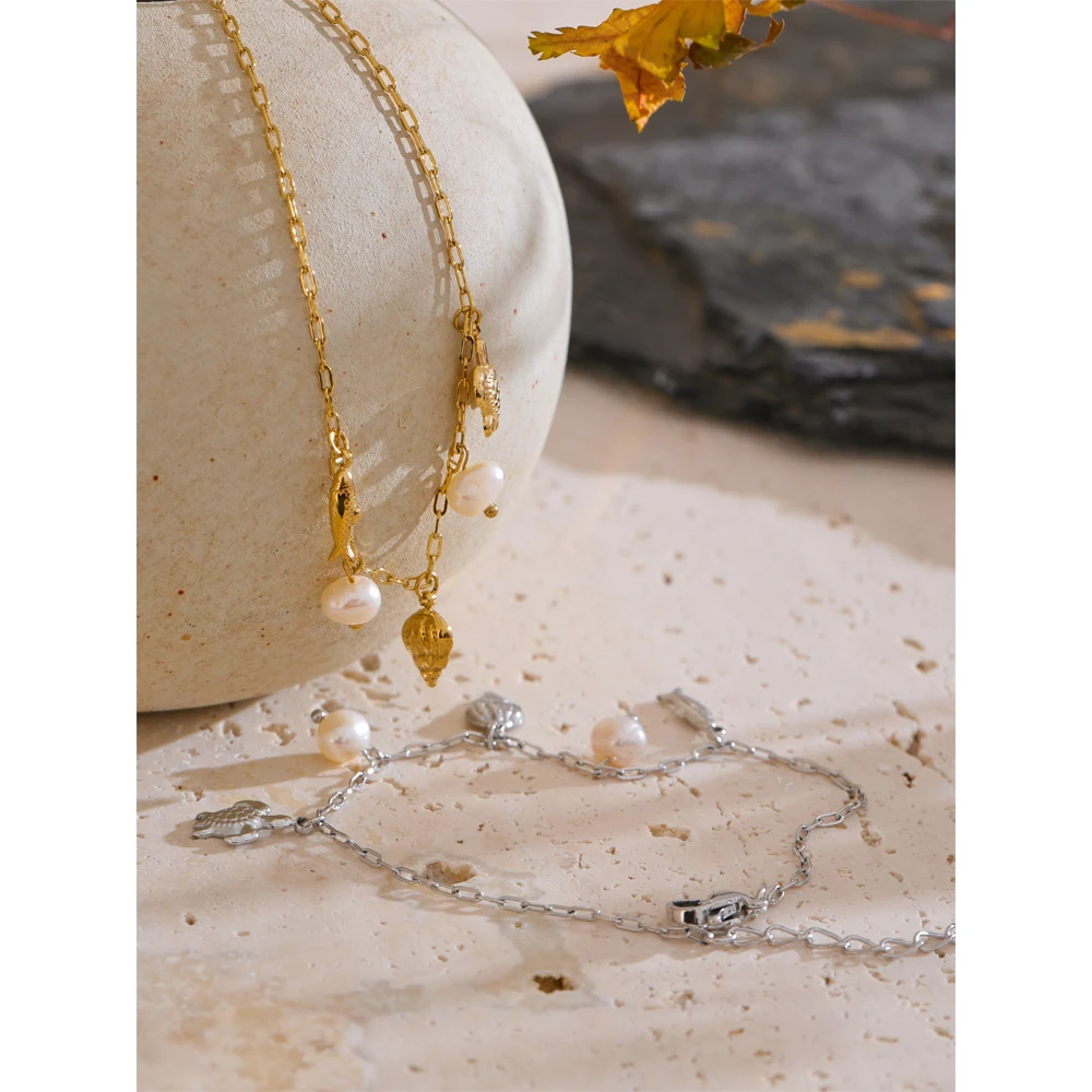 Yhpup Ocean Style Summer Accessories Natural Pearl Shell Fish Drop Chain Bracelet Bangle Stainless Steel High Quality Jewelry