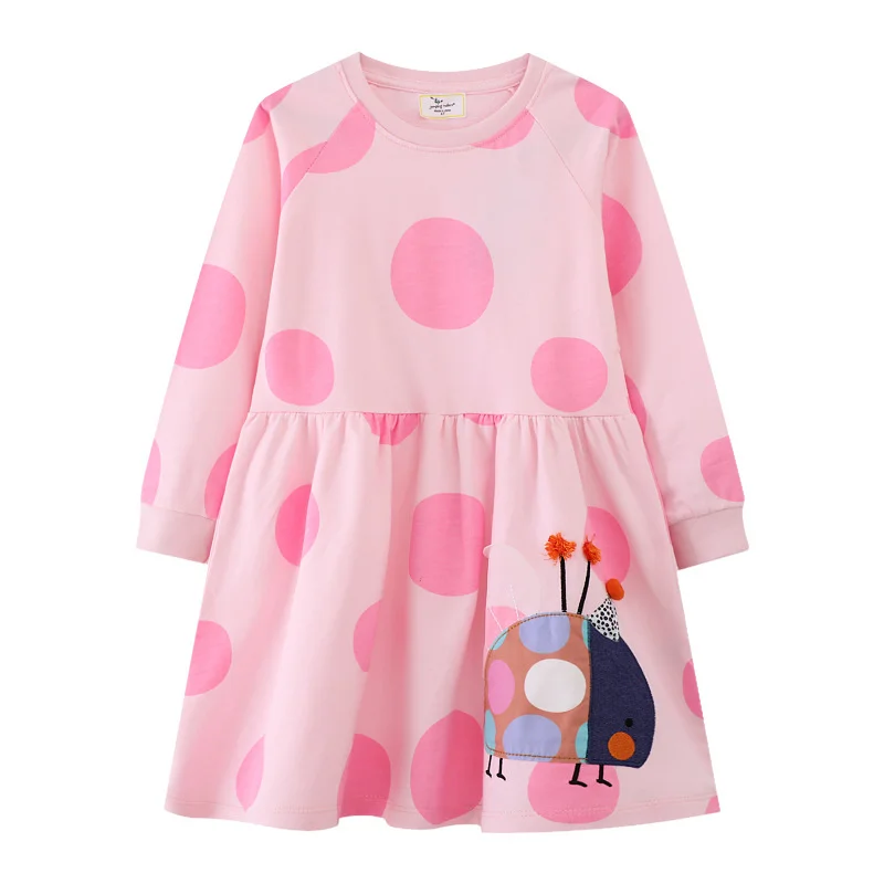 Jumping Meters 2-7T Dots Baby Long Sleeve Princess Girls Dresses Ladybug Applique Children\'s School Clothing Cute Party