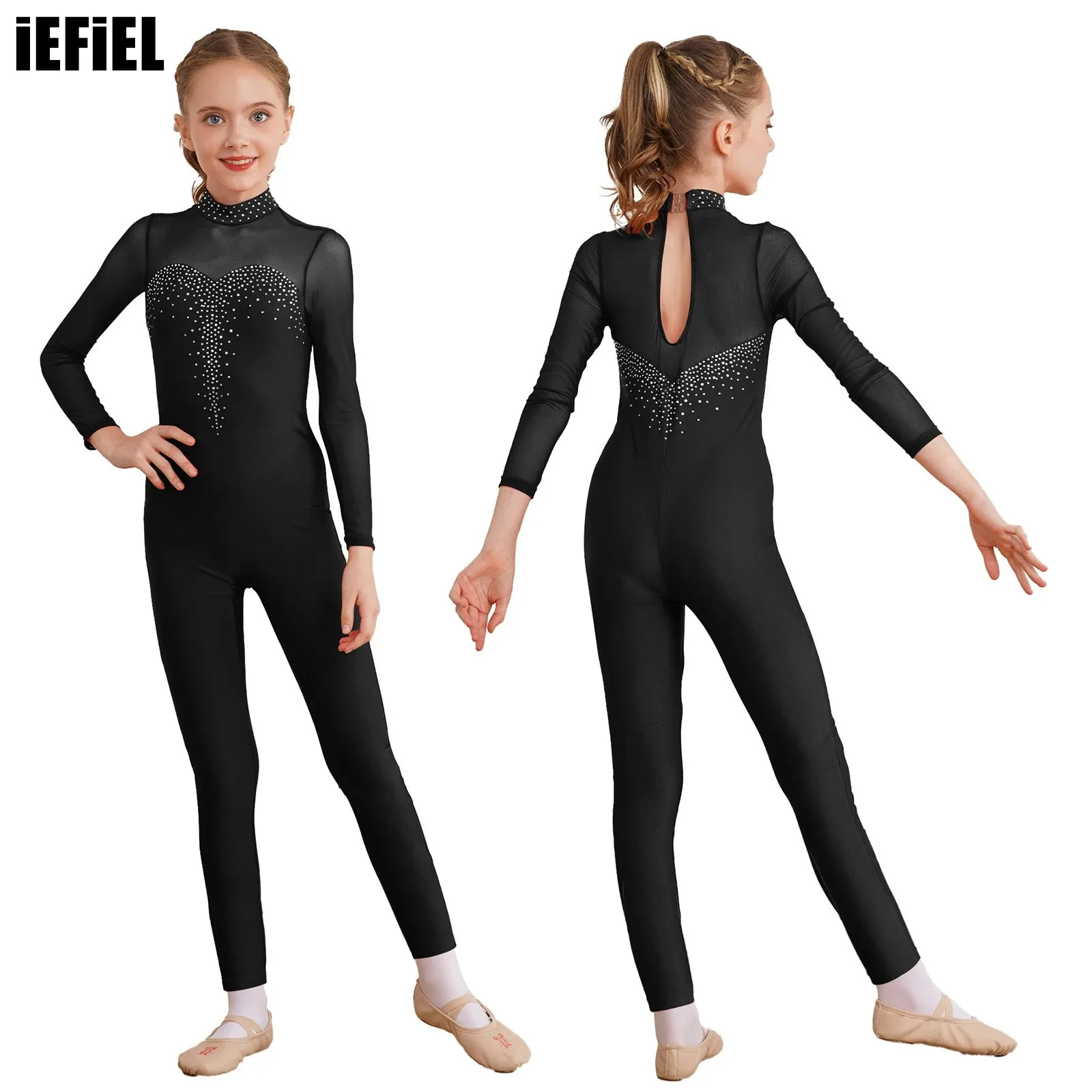 Kids Girls Figure Dance Leotard Skating Gymnastics Shiny Rhinestone Jumpsuit Sheer Mesh Long Sleeve Bodysuit Dance Costume