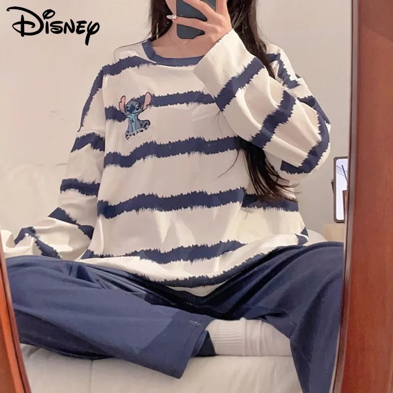 Disney Stitch Women Striped Chest Cushion Sleepwear Spring Autumn New Long Sleeved Pants Set Korean Style Cute Cartoon Home Wear