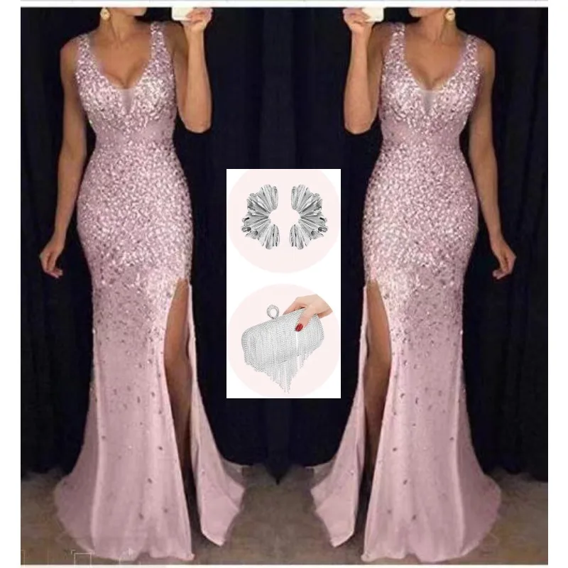 4color Evening Fashion Sexy Deep V Neck Women Bling Split Gold Plated Dress Plus Size Floor Length Mermaid Long Party Dress