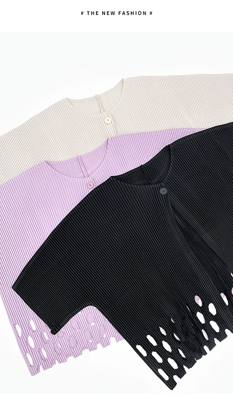 Miyake Plissierter Damen-Cardigan mit Ausschnitten, Einzelknopf, 3/4-Ärmel, Leicht, Locker, Einfarbig, Lässig, Sommer, Damen-Oberbekleidung – Detail 12
