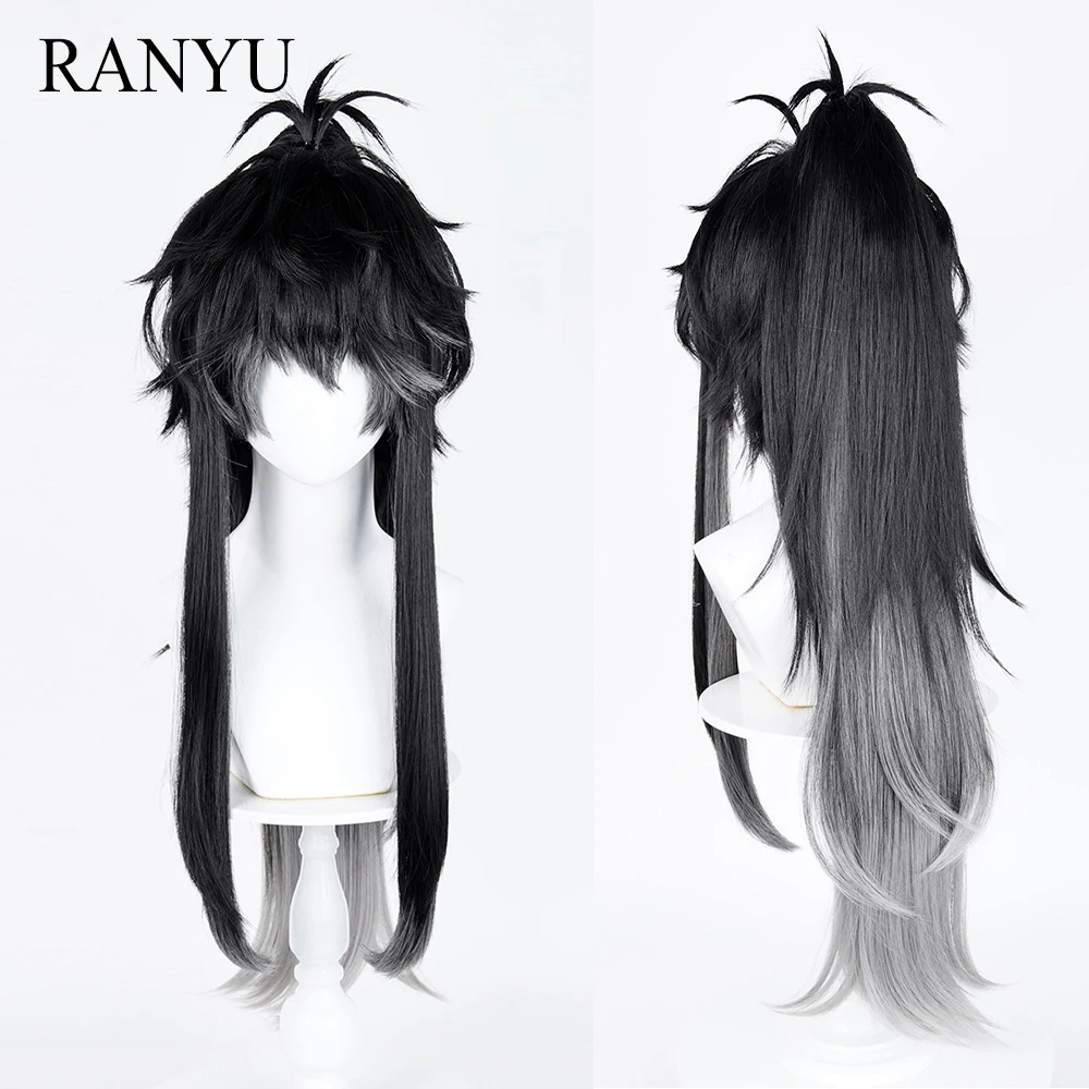 

Black Ombre Grey Synthetic Wigs with Bangs Long Straight Fluffy Ponytail Clip Wig Heat Resistant for Daily Party
