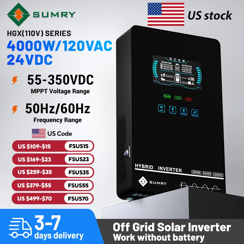 Sumry 4KW 120V Off Grid Solar Inverter 24V 140A 5600W MPPT Charger Pure Sine Wave Home Inverter 6.25 Inch LCD Display