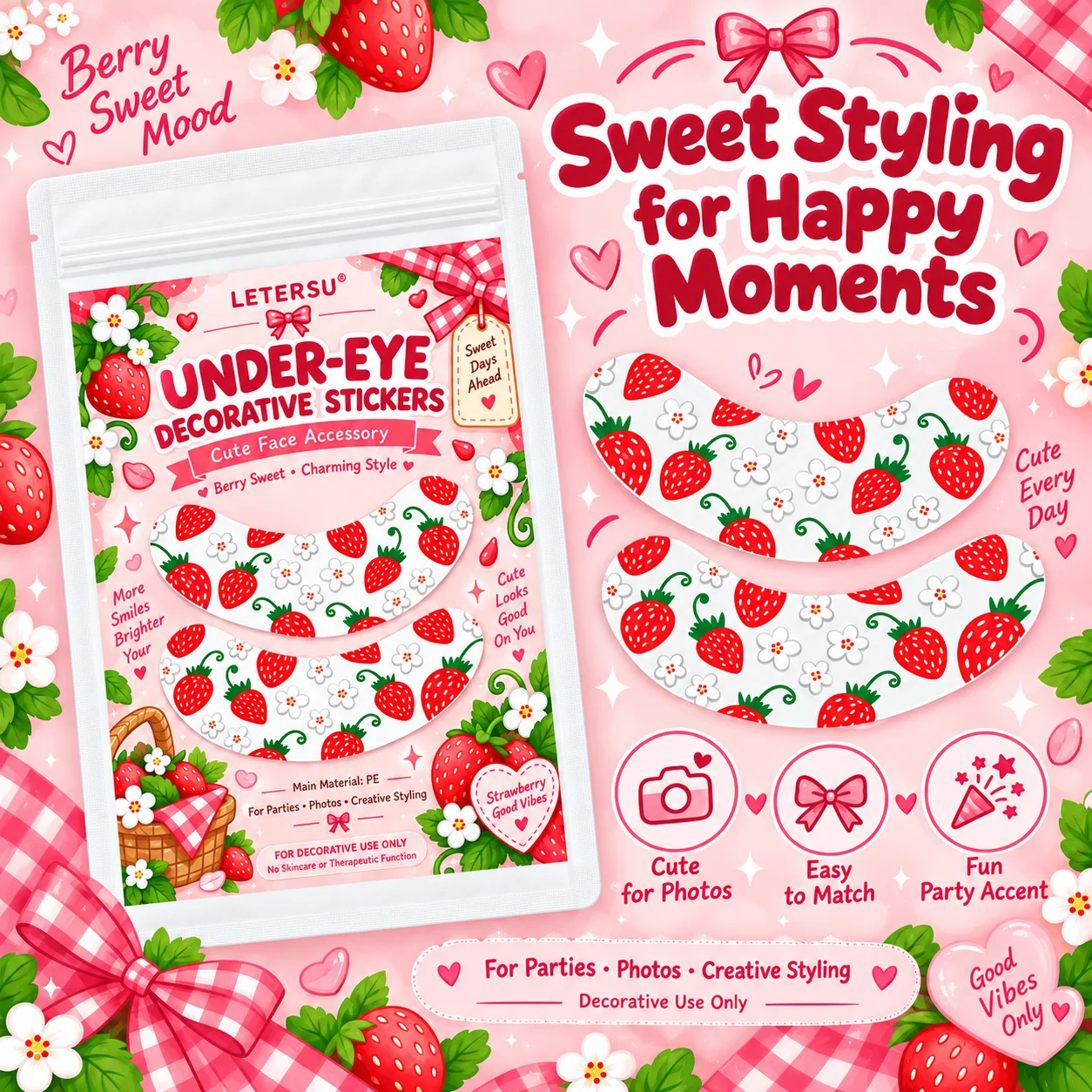 4PCS Strawberry Under Eye Stickers, Cute Kawaii Eye Patches, Sweet Fruit Print Face Makeup Decorations for Girls Party Photos
