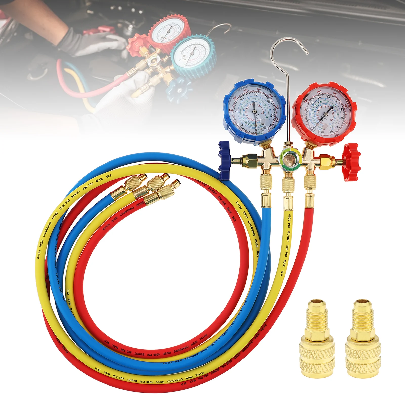 Air Conditioning Diagnostic Manifold AC Gauge Set for R410A, R404A, R22, R134a, R12, R22, R502 with 3 Hoses