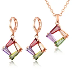 Fashion Jewelry Necklace/Earrings Set For Women Multicolor Zirconia Stone Square Pendant Charming Earring Neck Accessories Gifts