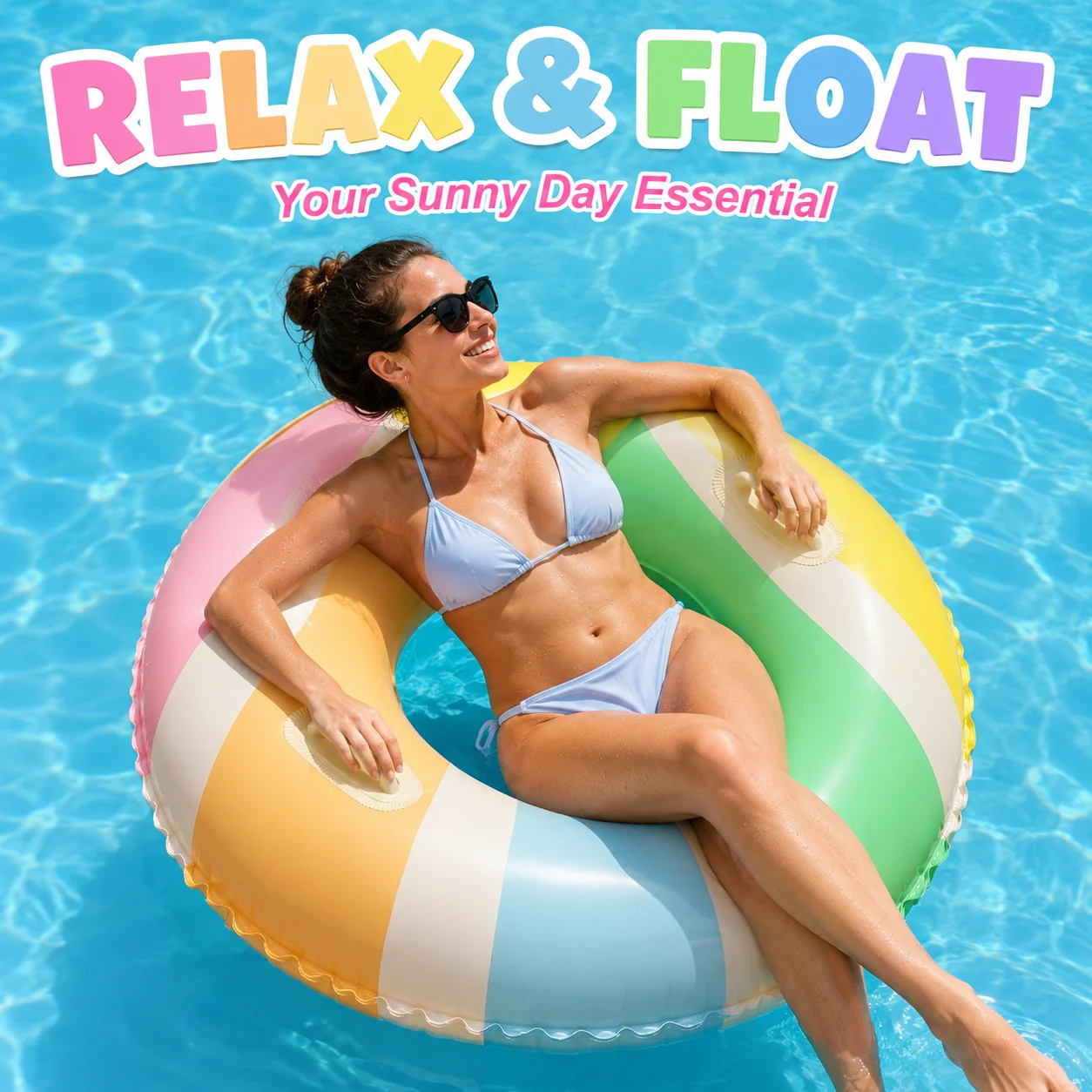 1PC Rainbow Inflatable Swim Ring Adult Pool Float Tube, Colorful Swimming Ring for Beach Pool, Summer Water Fun view 6