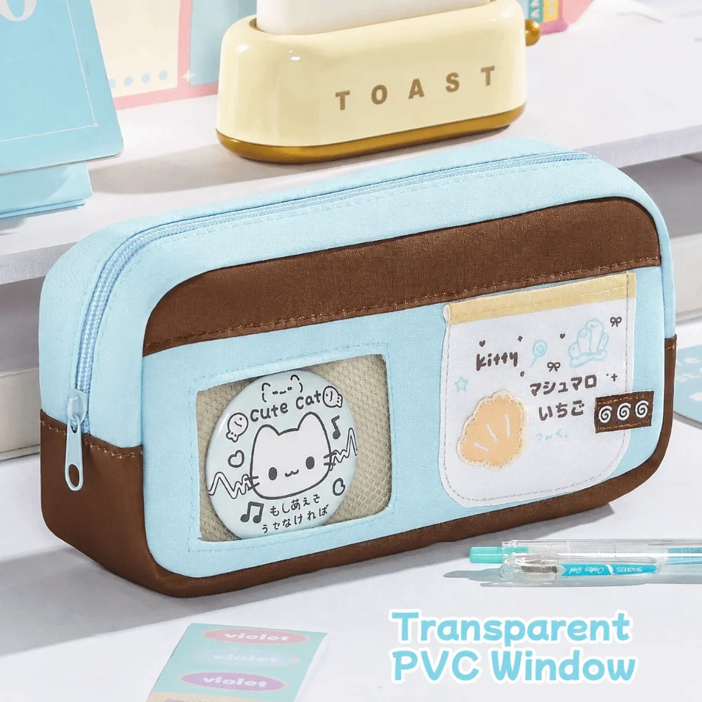 Kawaii Sweet Pastel Color Pencil Case with Clear Photo Window Large Capacity Stationery Bag Pencil Pouch Students