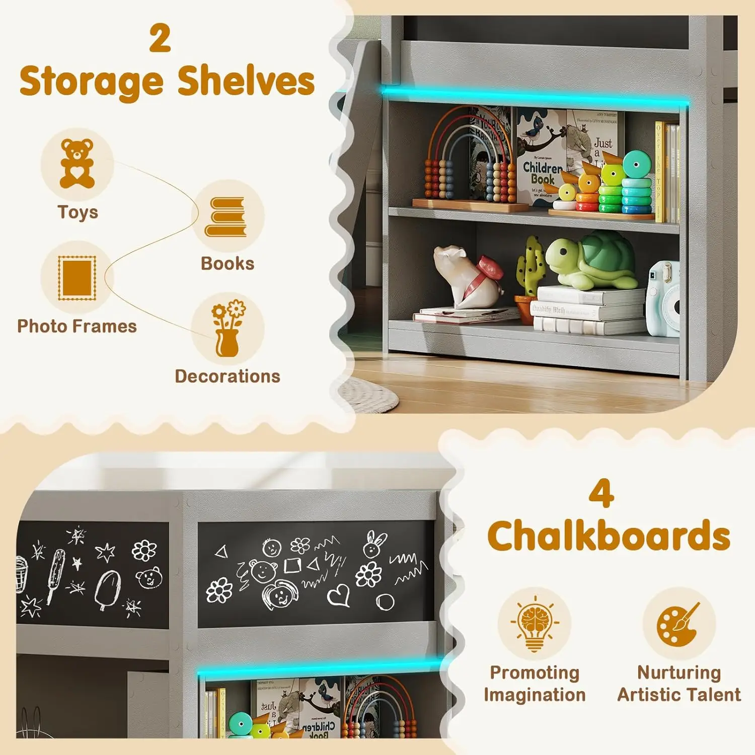 LED 조명, 사다리, 칠판 및 수납 공간이 있는 목재 트윈 로프트 침대, 회색