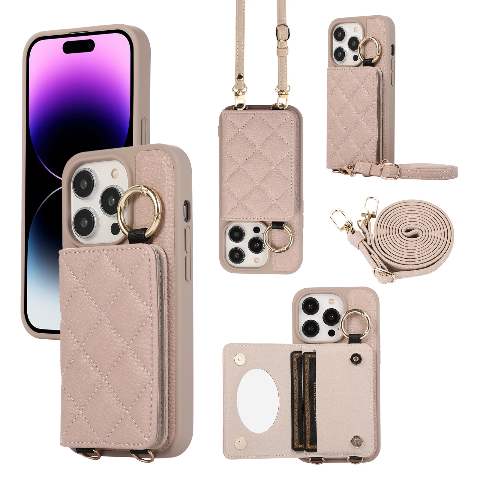 Crossbody Ring Holder Cards Solt Wallet Case for IPhone 15 14 Pro Max 14Plus 13 12 11 Mirror Long Lanyard Pouch Purse Bag Cover