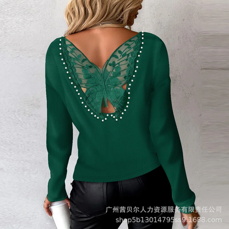 Spring Summer New Women\'s Solid Color Backless Chain Round Neck Long Sleeve Woolen Top Blouse