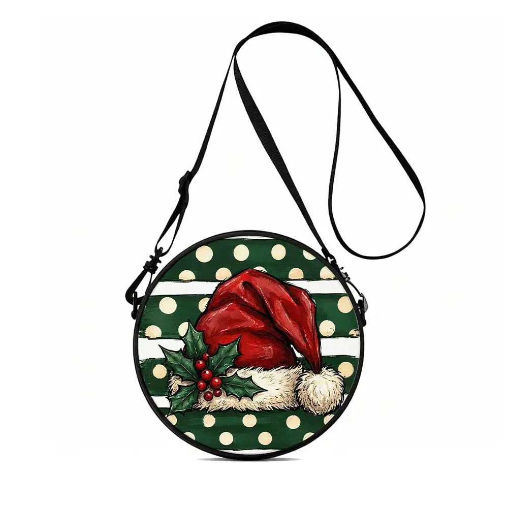 Christmas Santa Hat with Holly Print Round Women Shoulder Bag, leisure crossbody purse, retractable strap, practical gift
