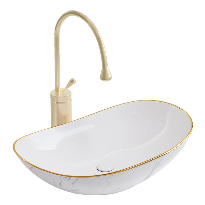 

Ceramic modern style marble oval and irregularly shaped countertop wash basin with gold edge bathroom sink