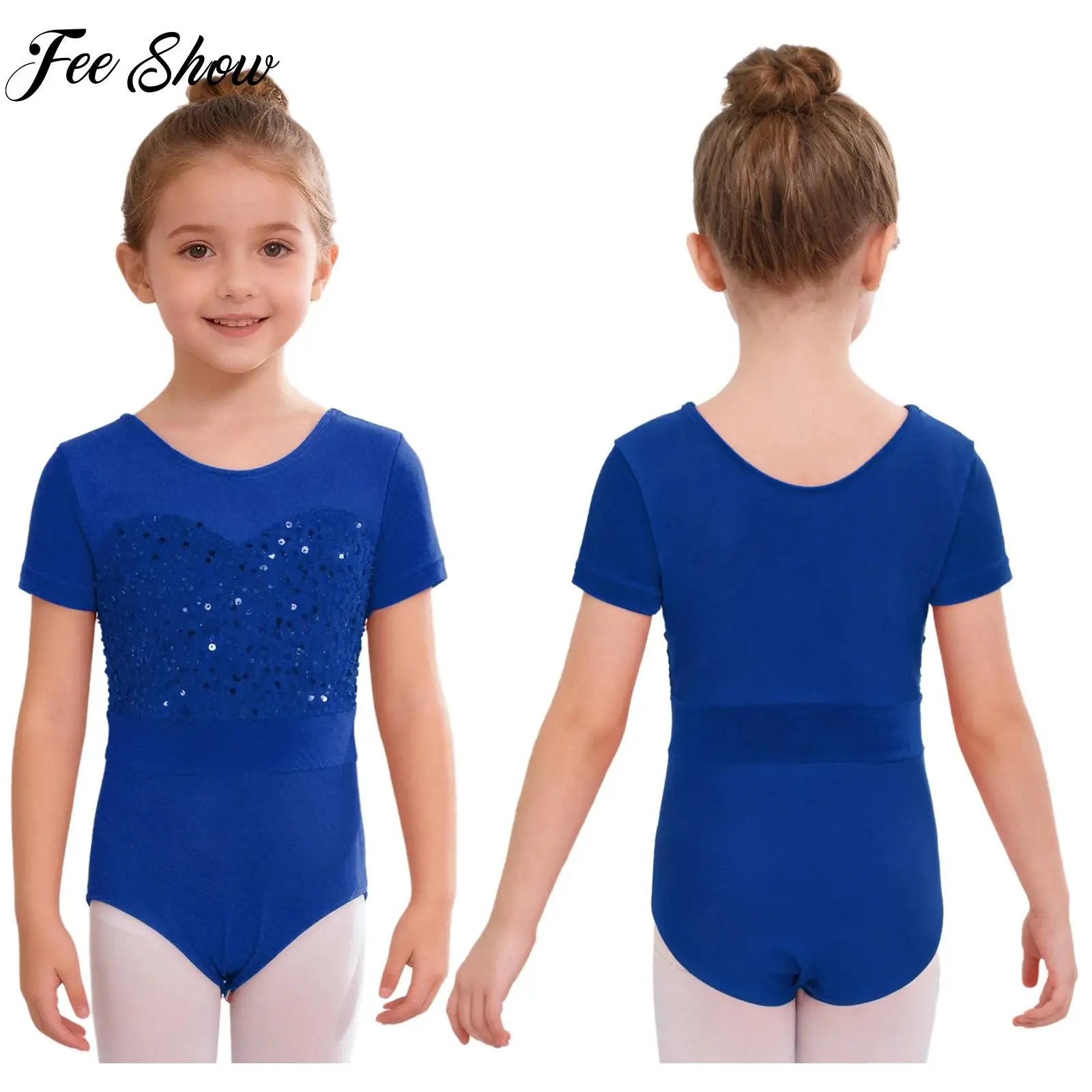 

Sparkly Sequins Ballet Dance Gymnastics Leotard Kid Girl Short Sleeve Velvet Press Buttons Crotch Bodysuit Skating Dance Clothes