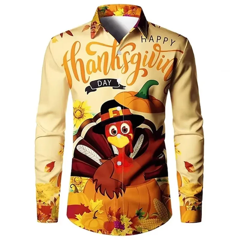 Thanksgiving Day Printed Shirts For Men Party Evening Vacation Button Up Long Sleeve Shirts Blouse Mens Casual Plus Size Tees