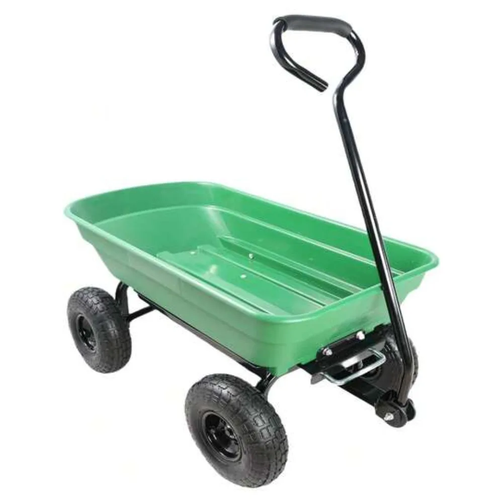 Garden Cart Yard Wagon Dump Cart on Wheels Outdoor Gardening Utility Cart with Heavy Duty Steel Frame Lawn Dump Trailer 300 Lb Capacity 55L Foldable Collapsible 10 Inch Pneumatic Tires for Moving Soil Mulch Leaves Tools Easy Pull Handle