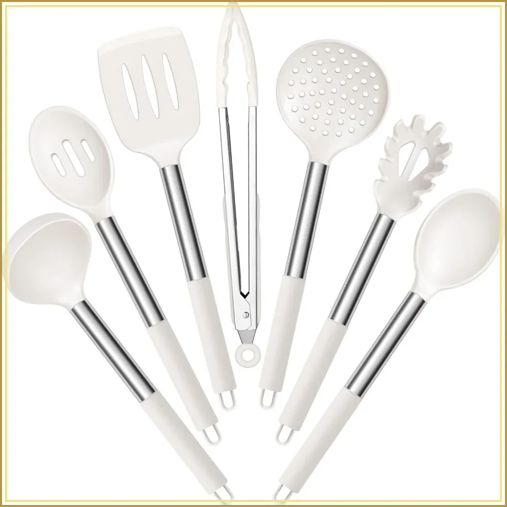 

7-Piece Silicone Kitchen Utensils Set, Heat Resistant Nonstick Cookware Tools with Stainless Steel Handles, White