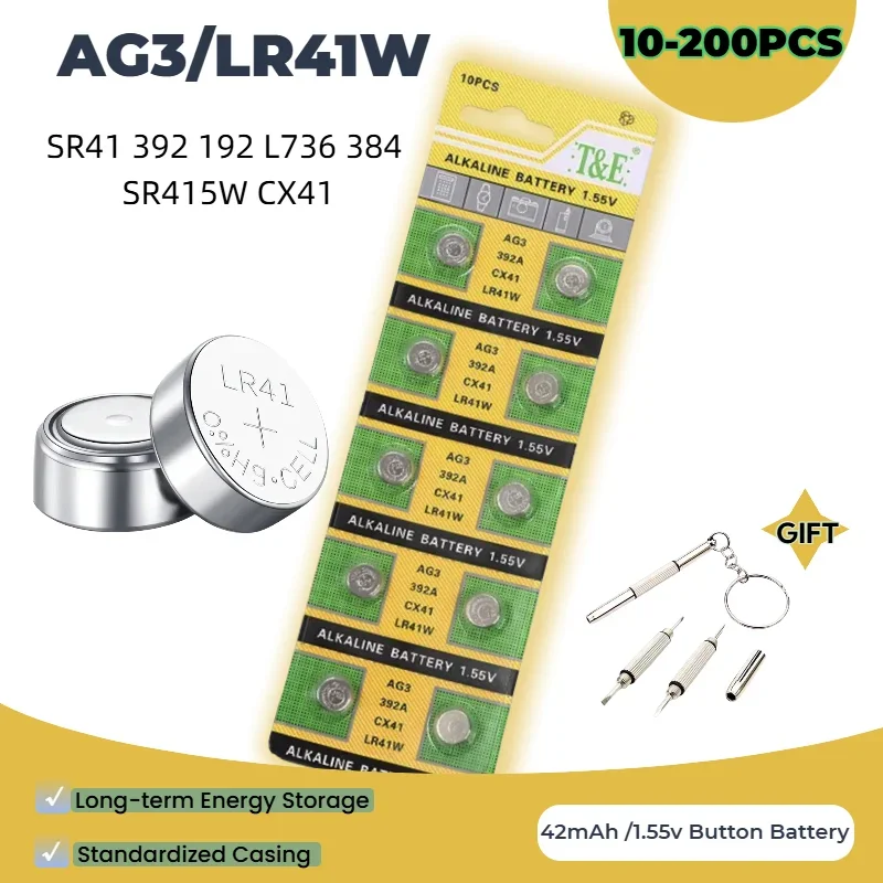 top10pcs/lot AG3 LR41 Button Cell Battery 384 192 1.55V Alkaline AG3 Batteries SR41 L736 392 SR415SW for Watches Toys Thermomete