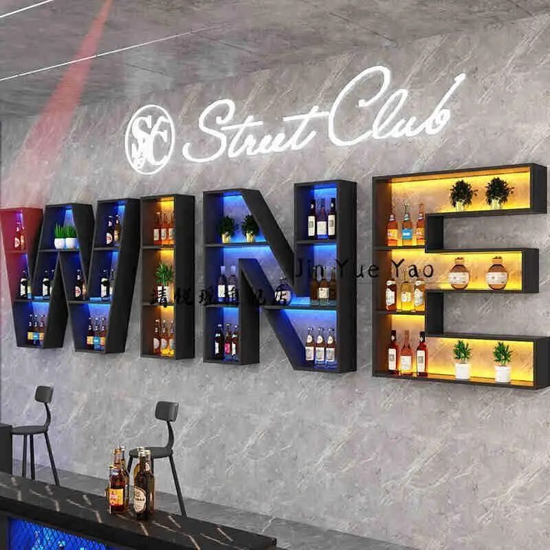 

Wrought iron wine rack wall hanging creative letter bar wine rack restaurant wall hanging wall luminous decorative rack bar coun