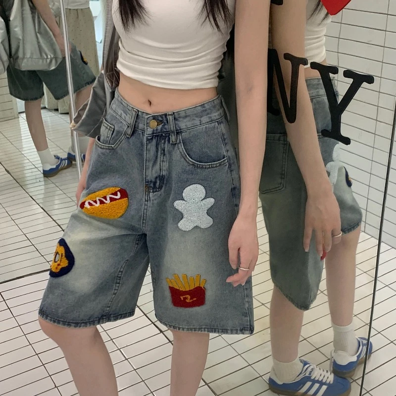 Washed Vintage Denim Pants Women Appliques High Street Straight Leg Loose Pants Fashion Casual Versatile Short Jeans Female