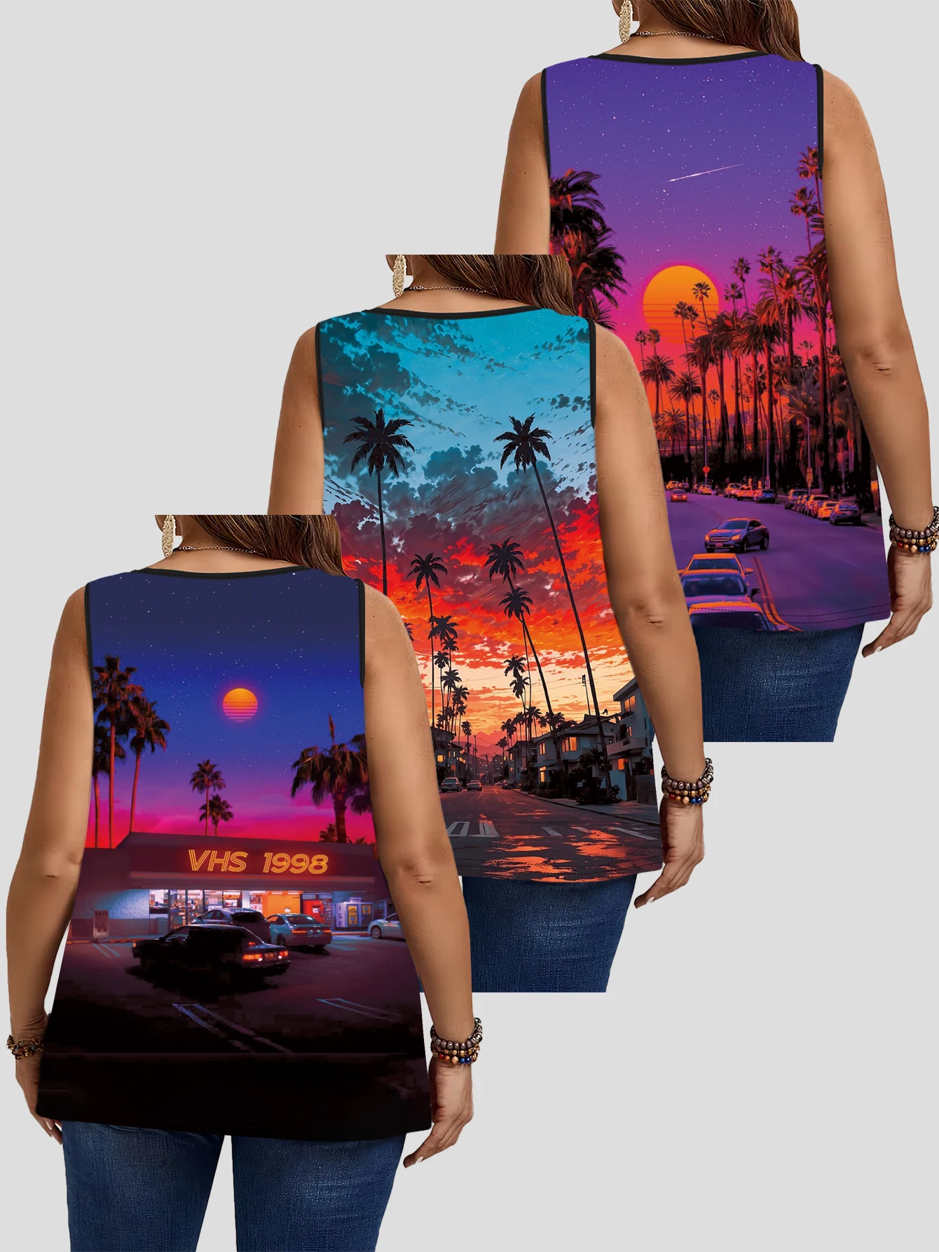 3-Piece Set of Plus-Size Sleeveless Vests｜Vintage Cyber Cyberpunk Palm Tree Sunset Highway Landscape Print Loose-Fitting, Flesh-Covering, Round-Neck Casual Outerwear Top 2