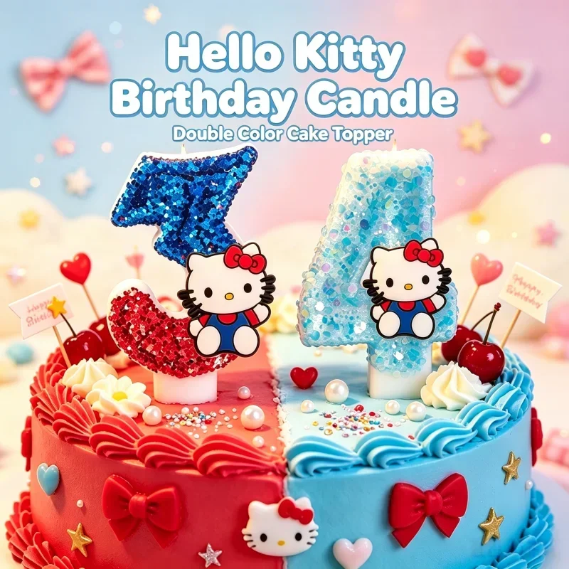 Niedliche Hello Kitty Glitzernde Farbverlauf-Zahlenkerze Kuchendekoration Süßes Thema Kindergeburtstags-Party-Zubehör Mädchen-Baby-Shower-Dekorationen – Detail 1