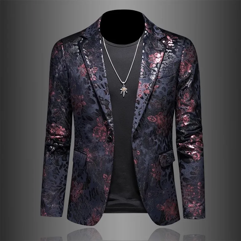 HOO 2024 Men\'s Autumn New Floral blazer Youth Fashion Leopard Jacquard   blazer