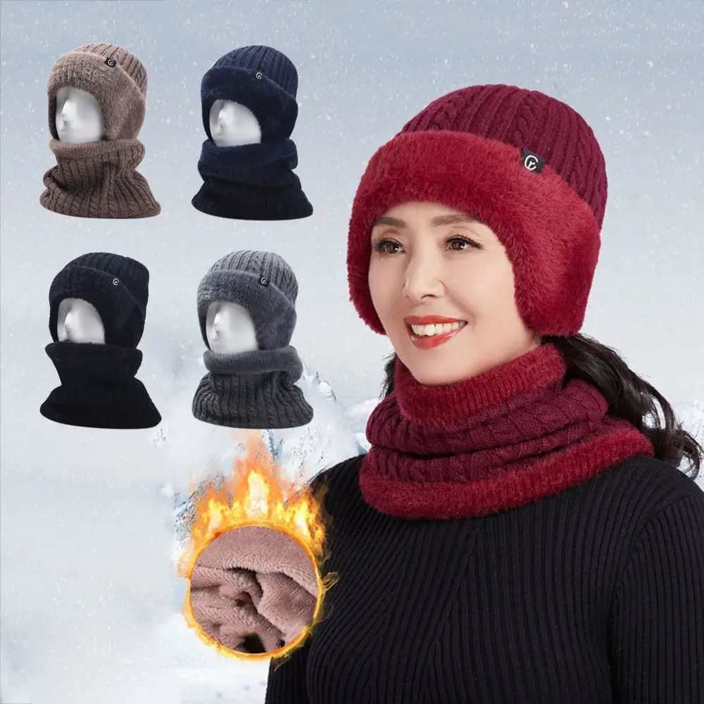 Conjunto de chapéu e cachecol de malha de pelúcia, proteção fria, quente, mais velo, skullies, inverno