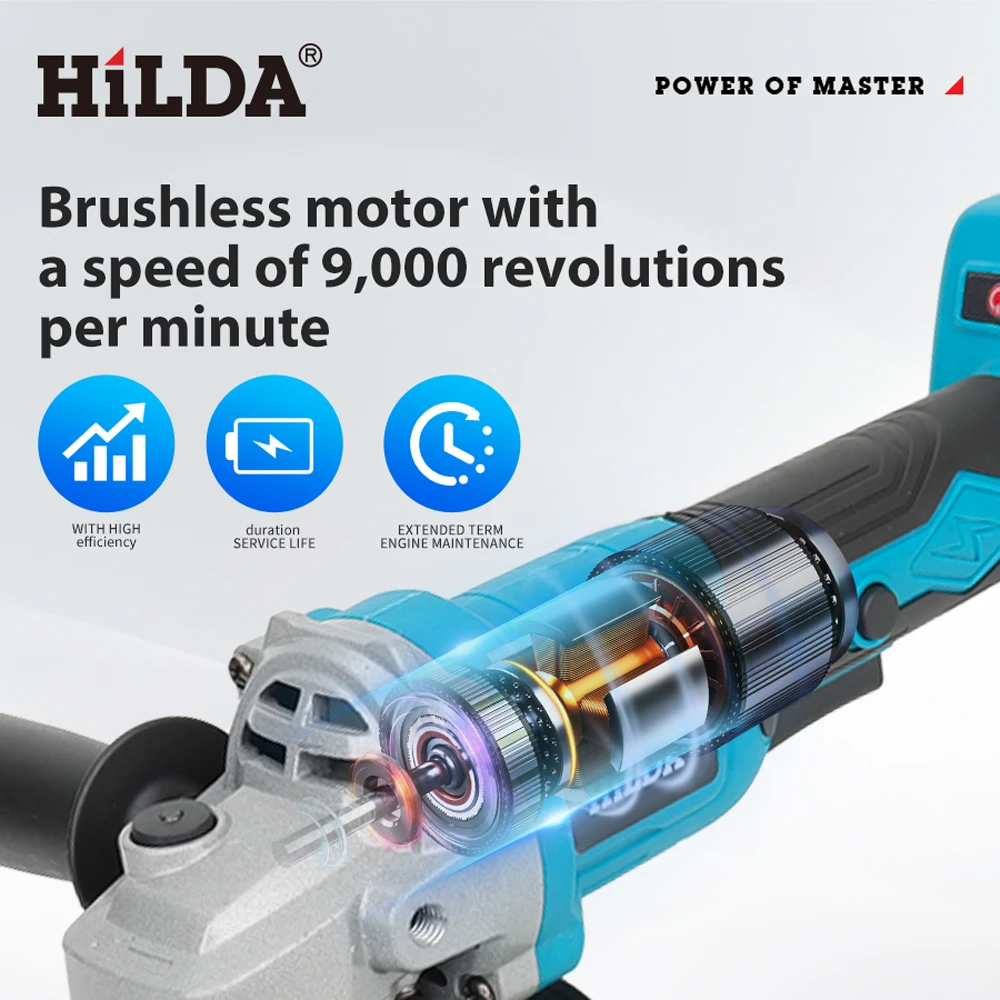 HILDA 21V Handheld Brushless Angle Grinder Cutting Rechargeable Electric Power Tool Polishing Machine Grinder for Makita Battery