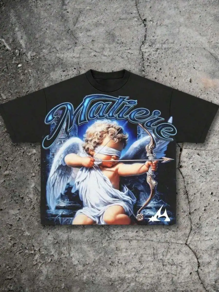 Graphic Tees Men, Blindfolded Cupid Angel Print, Retro Oil Painting Baroque Style, Crew Neck T-Shirt, Casual Summer Wear, Soft C