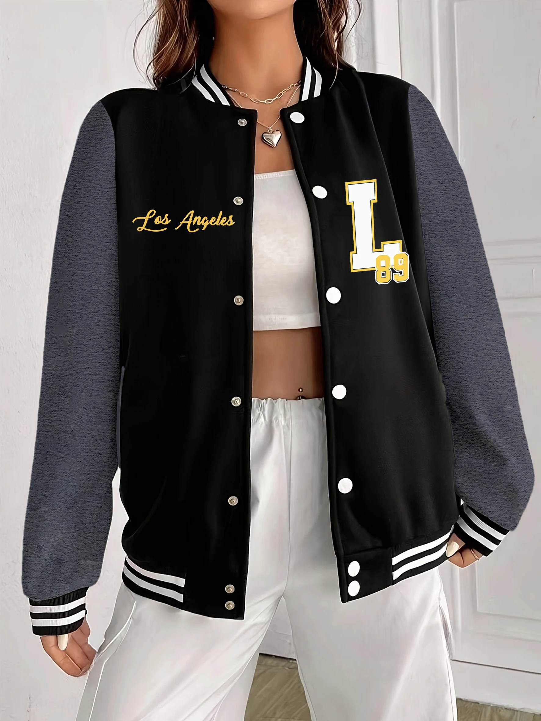 

Huge L And Number 89 Prints Women Baseball Uniform Hip Hop Soft Jacket Autumn Oversized Clothes Casual All-Match Streetwear
