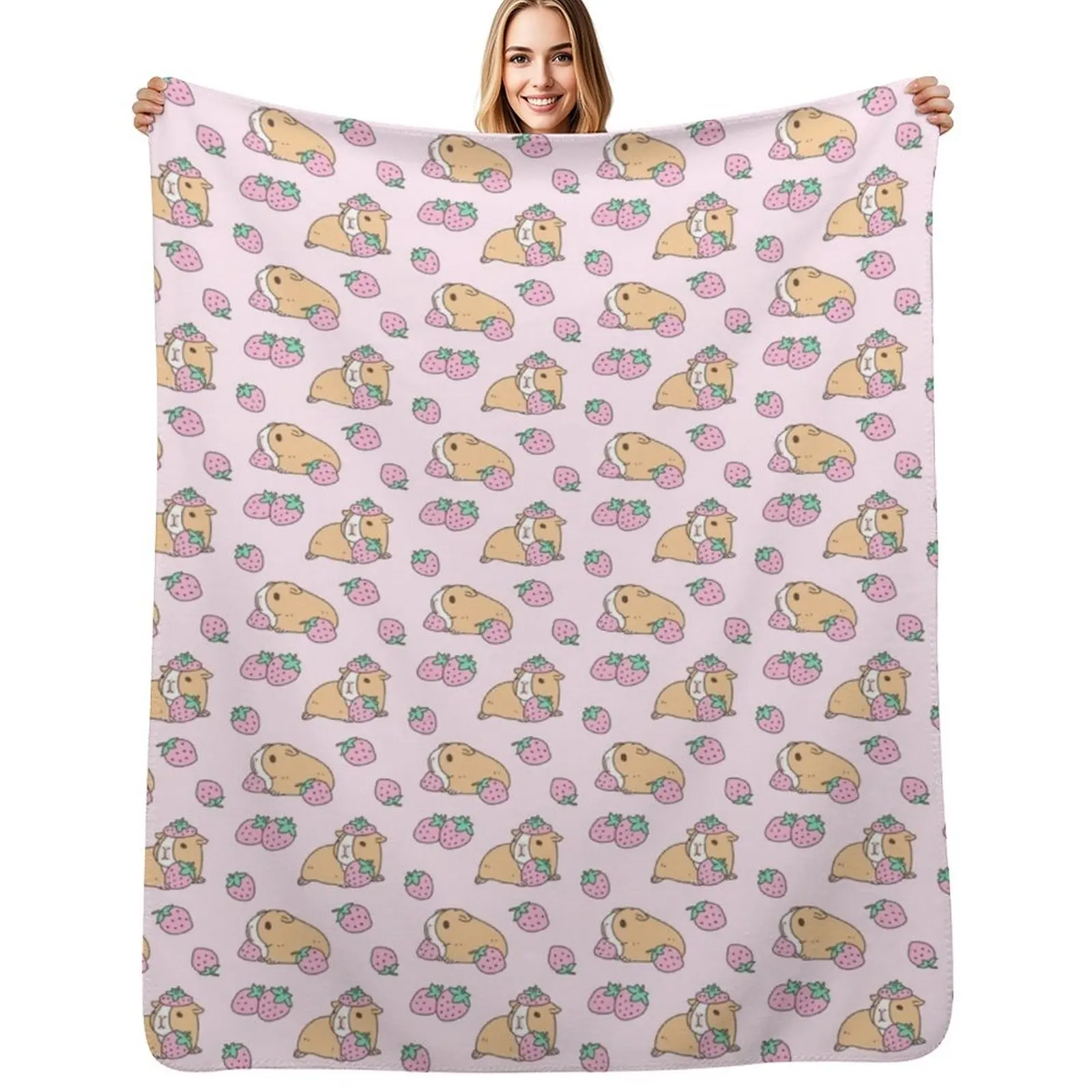 Pink Guinea Pig and Strawberry Pattern Throw Blanket Air Conditioner Soft Blanket for Office Home