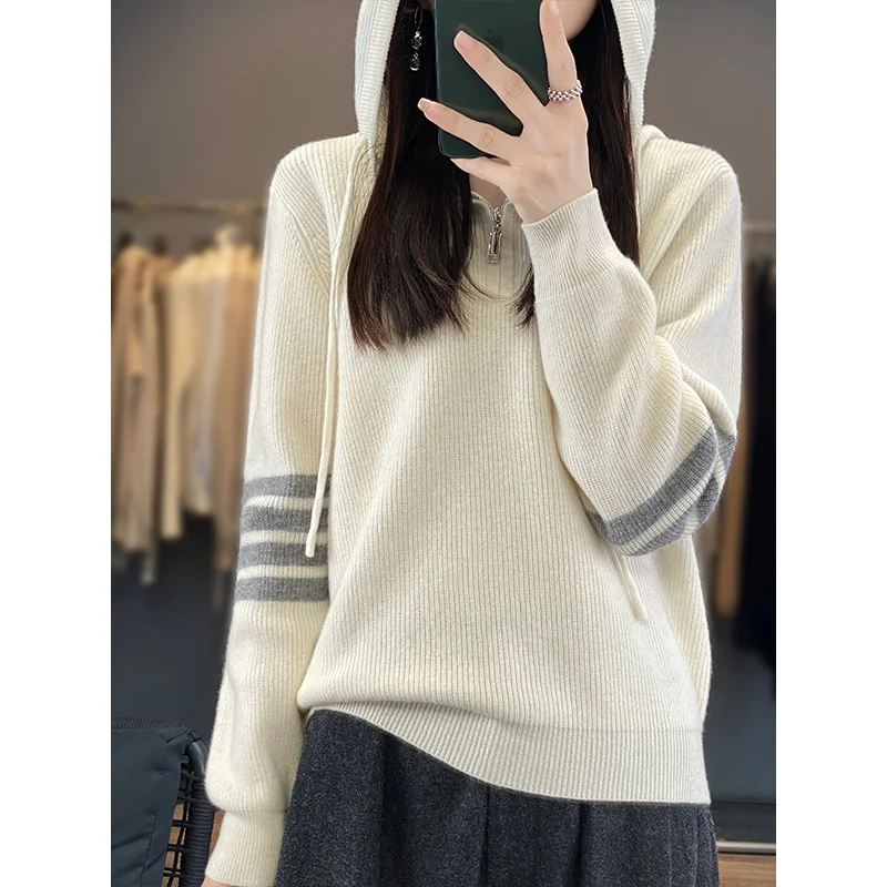 

2023 Autumn Winter New Woolen Sweater Women's Hooded Long Sleeve Pullover Color Block 100% Pure Wool Loose Relaxed Half Zip Knit