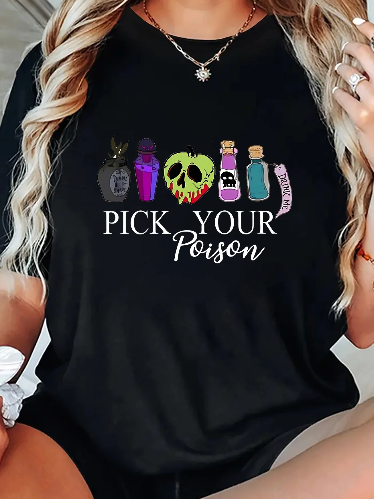 

Женская футболка с рисунком «Выбери свое яд» в стиле Хэллоуина, повседневная футболка с круглым вырезом и короткими рукавами, со смесью полиэстера и спандекса