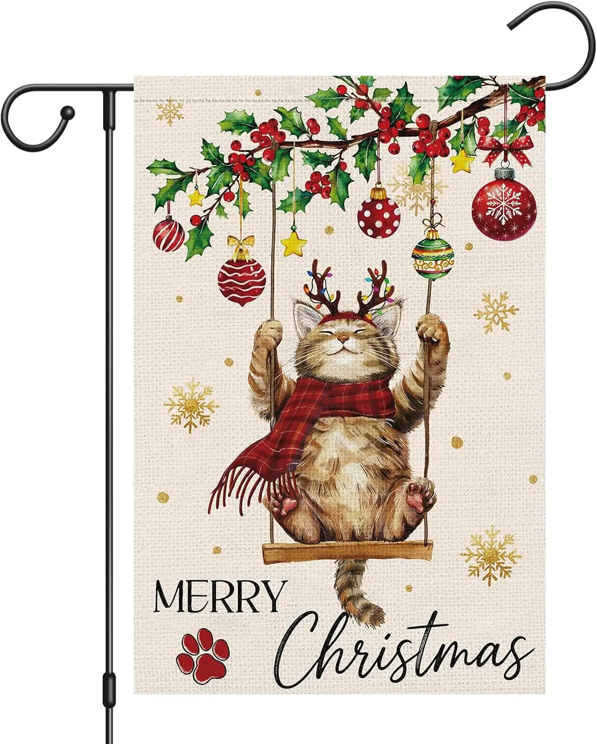 Heyfibro Merry Christmas Cute Cat Swing Garden Flag 12x18 Inch Double Sided Burlap, Retro Christmas Ball Snowflake Yard Bann yyi
