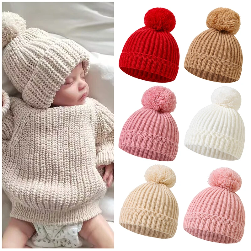 Winter Warm Fluffy Fur Ball Baby Beanie Kids Skullies Cap 0-1year Children Woolen Crochet Bonnet Toddler Baby Girl Boy Knit Hat