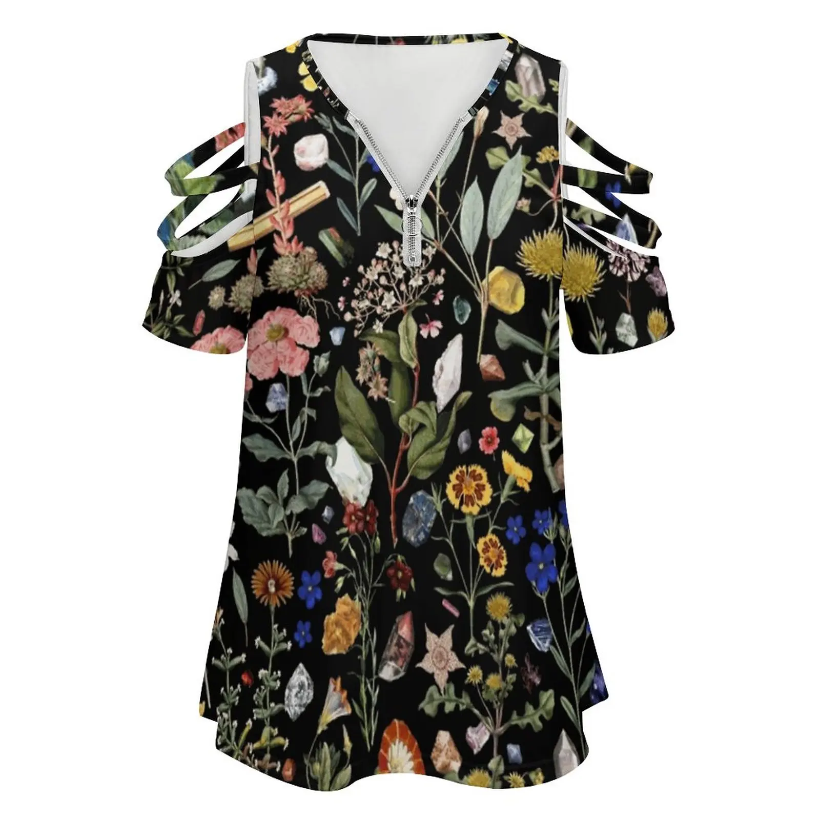 Healing New Fashion Zip Off Shoulder Top Short-Sleeve Women Shirt Floral Digital Plant Flower Crystal Quartz Nature Colorful