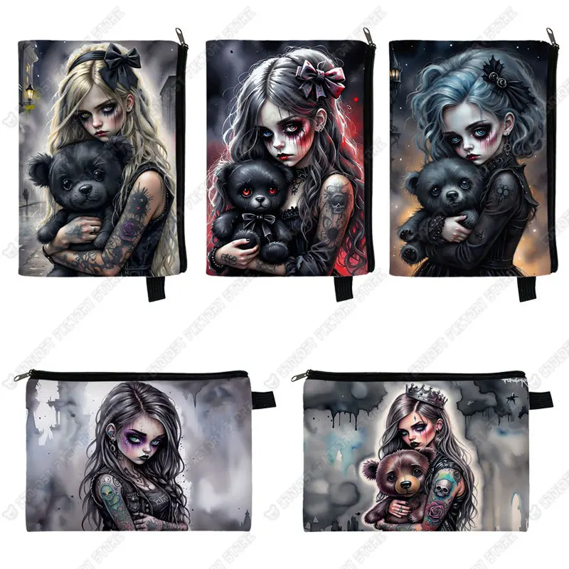 Cartoon Gothic Girl and Bear Doll Print Cosmetic Case Cool Goth Girl Makeup Organizer Napkin Storage Pouch Lady Toiletries Bag