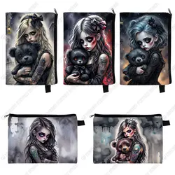 Cartoon Gothic Girl and Bear Doll Print Cosmetic Case Cool Goth Girl Makeup Organizer Napkin Storage Pouch Lady Toiletries Bag