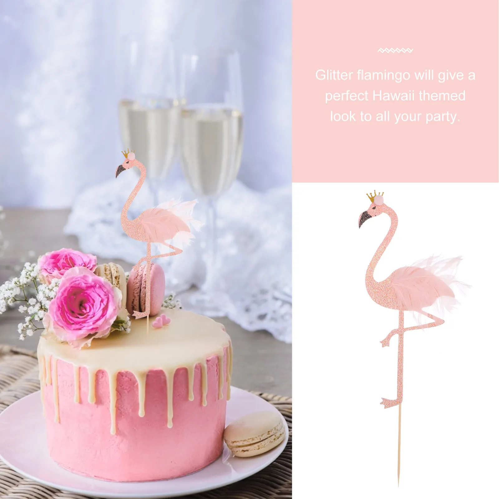 8Pcs Flamingo Cake Insert Cards Pink Glitter Hawaii Theme Birthday Party Dessert Adornments Toppers Cake Insert Cards
