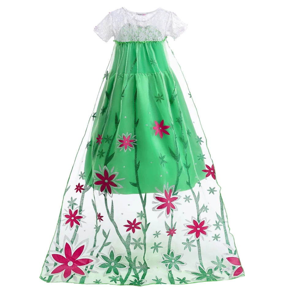 Fever Elsa Green Birthday Surprise Party Green Dress Girls Summer Kids Children Long Cloak Floral Lace Ball Gown Costume