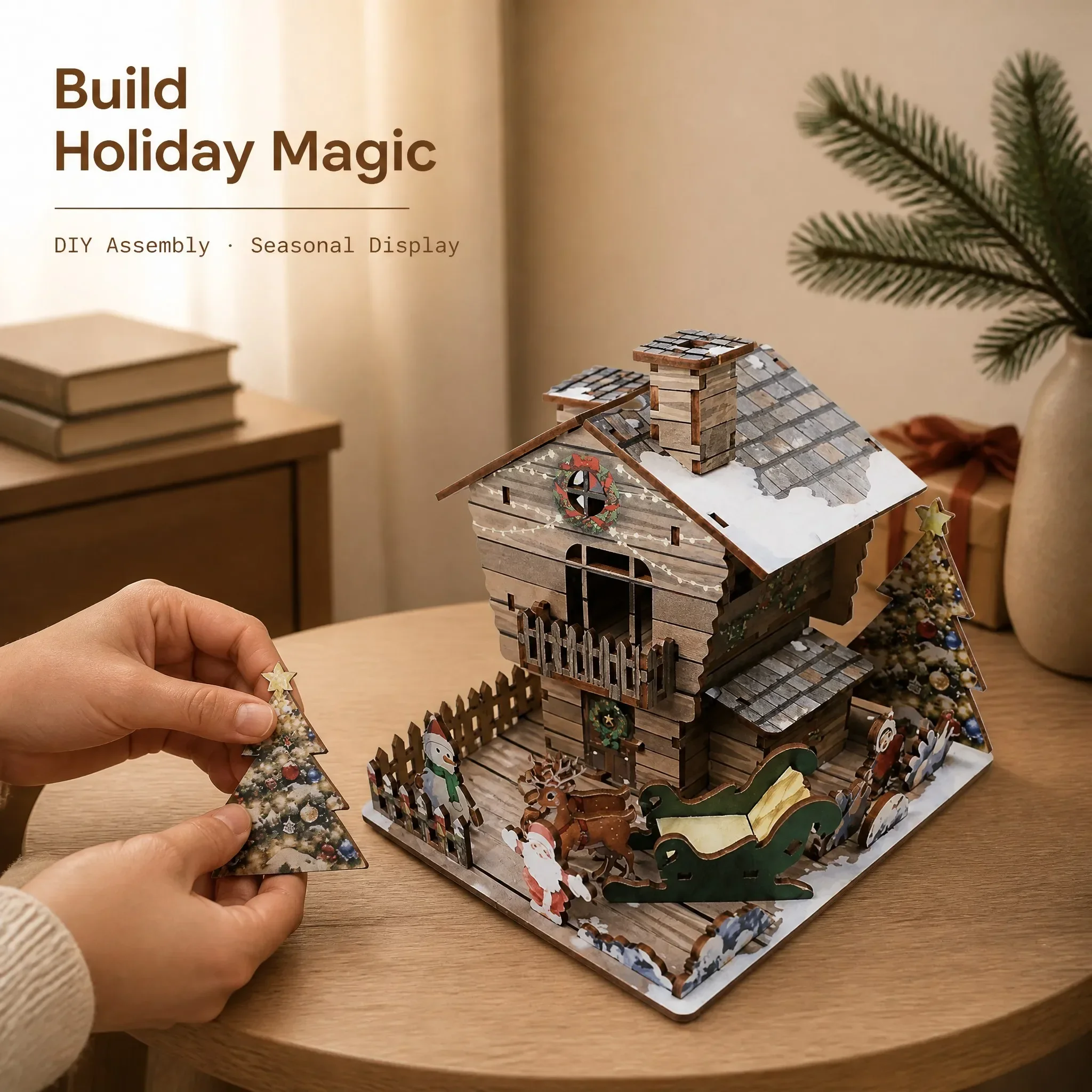 3D Wooden Christmas House Puzzle DIY Craft Model Kit No Glue Assembly Holiday Decor Creative Gift