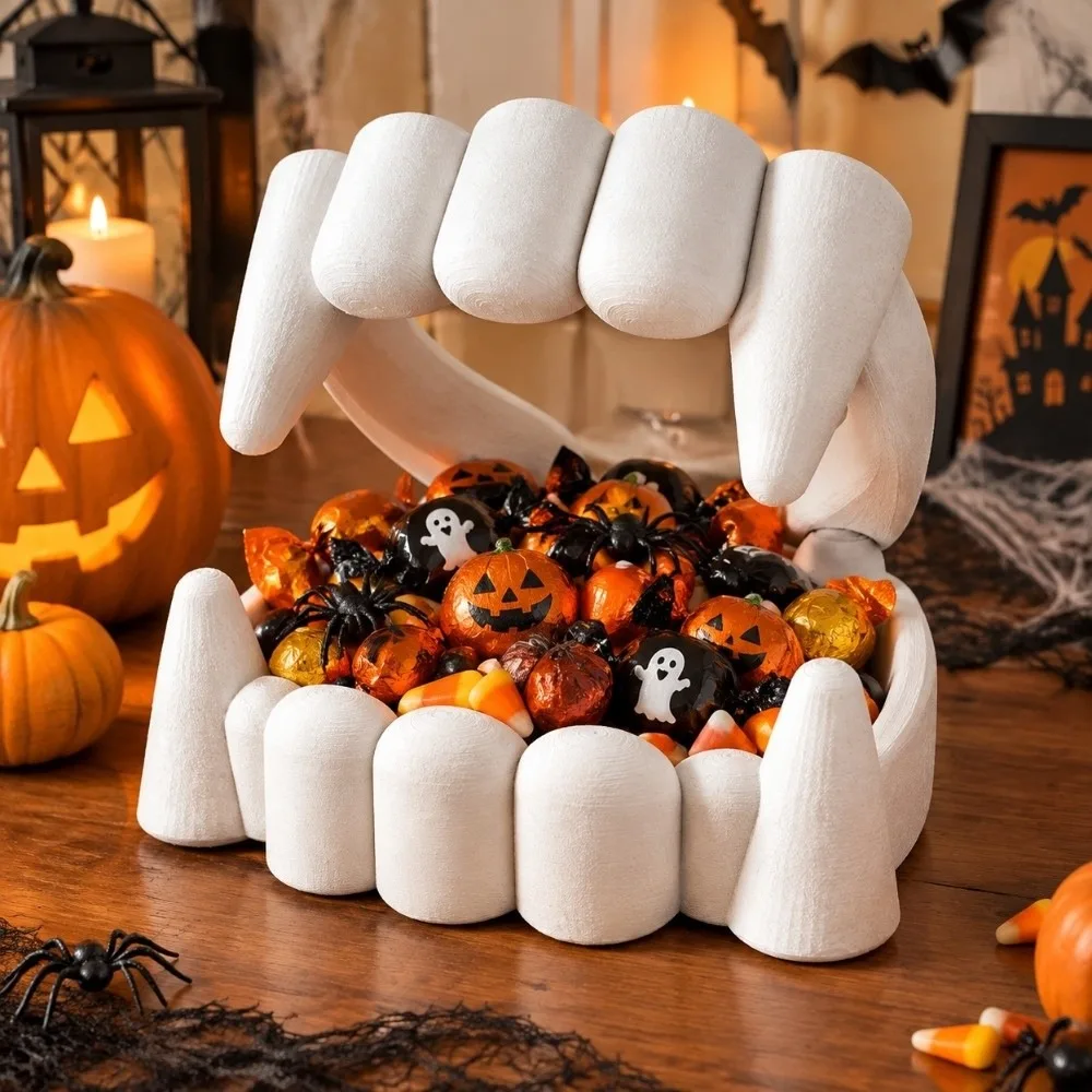 3D Printing Halloween Bowl Spooky Table Ornaments Festival Storage Bowl Funny Jewelry Holder Ghost Teeth Candy Bowl Home Decor