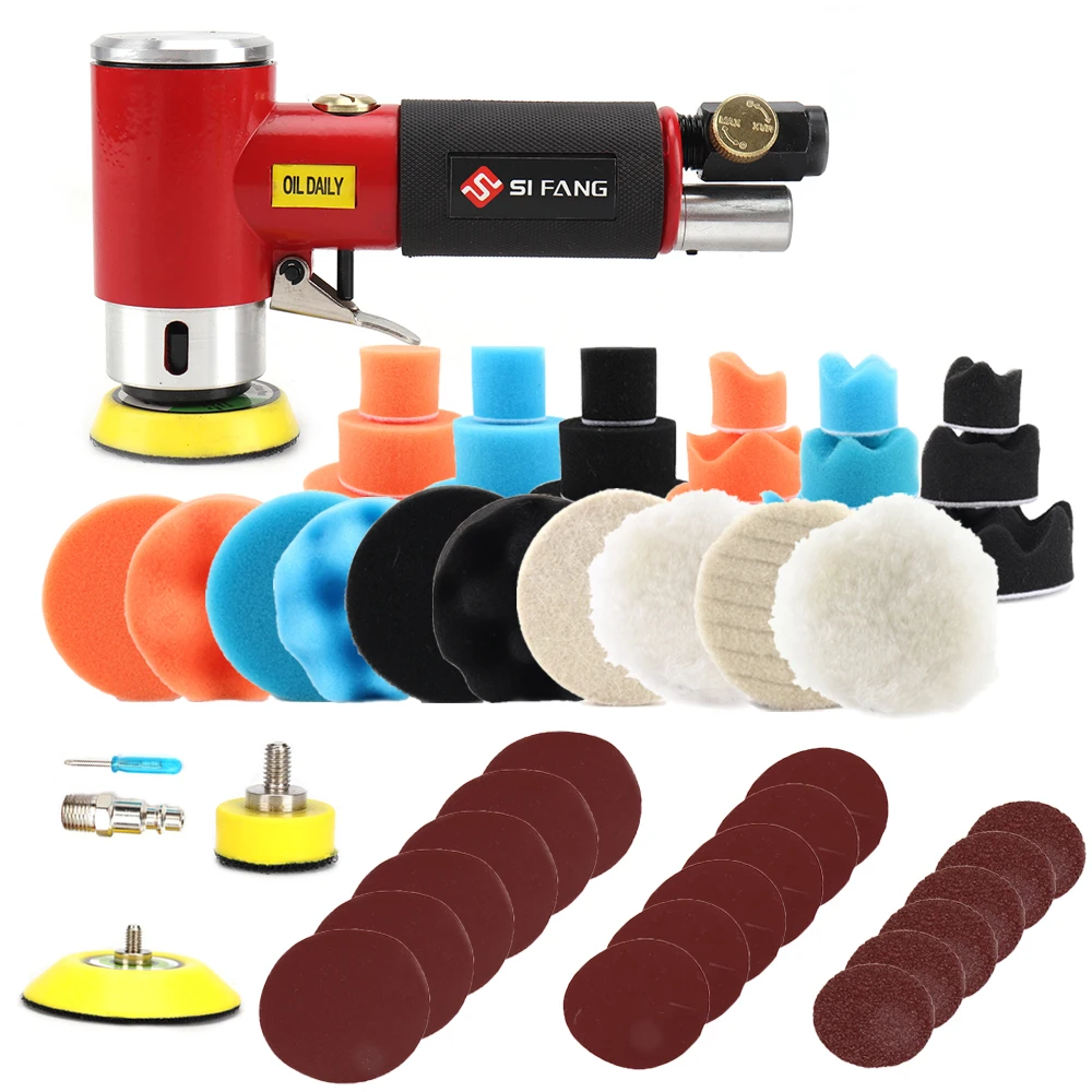 2\'\' 3\'\' Mini Orbital Air Sander Right Angle Pneumatic Polisher Machine & Polishing Sponge Pads for Auto Body Waxing Buffing Kits