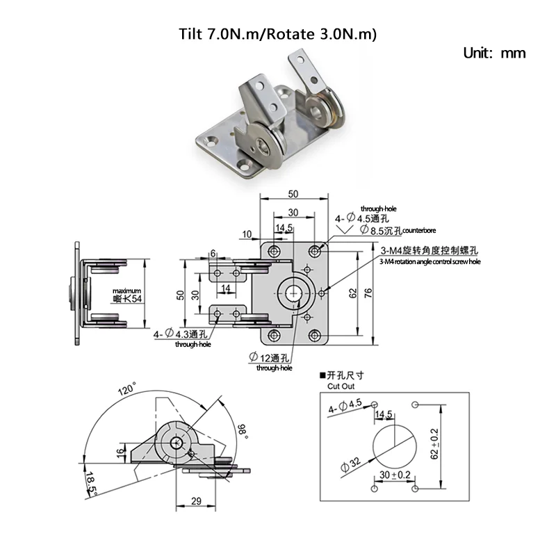 1 قطعة 304 الفولاذ المقاوم للصدأ قابل للتعديل تحديد المواقع الدورية إمالة عزم الدوران المفصلي مع محاور مزدوجة للاستخدام الصناعي المفصلي المخفي