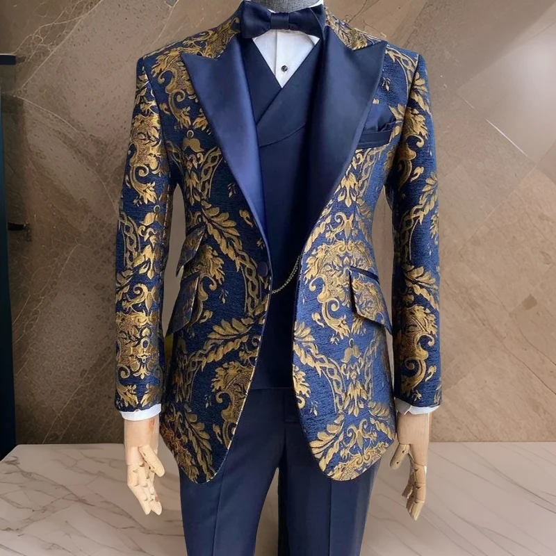 

Floral Tuxedo Suits For Men 2024 Wedding Slim Fit Navy Blue Jacquard Gentleman Jacket With Vest Pant 3 Pcs Male Costume