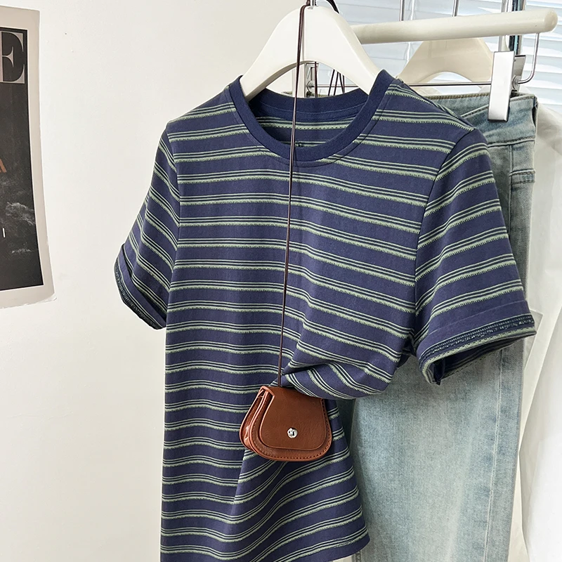 

Summer New Short Sleeve Striped T-Shirts Women Basic Casual O-Neck Tops Female Loose Versatile T-shirt